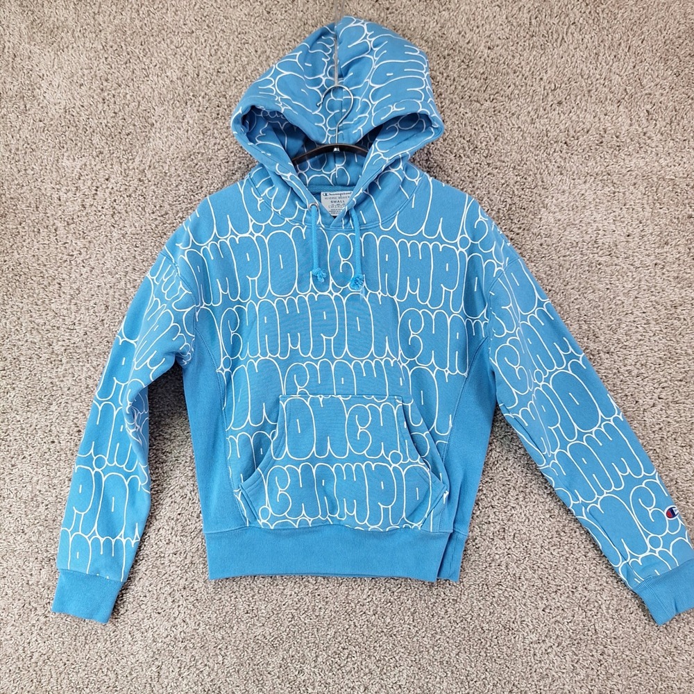 Champion Hoodie Womens S Blue Reverse Weave All Over Print Graffiti Streetwear
